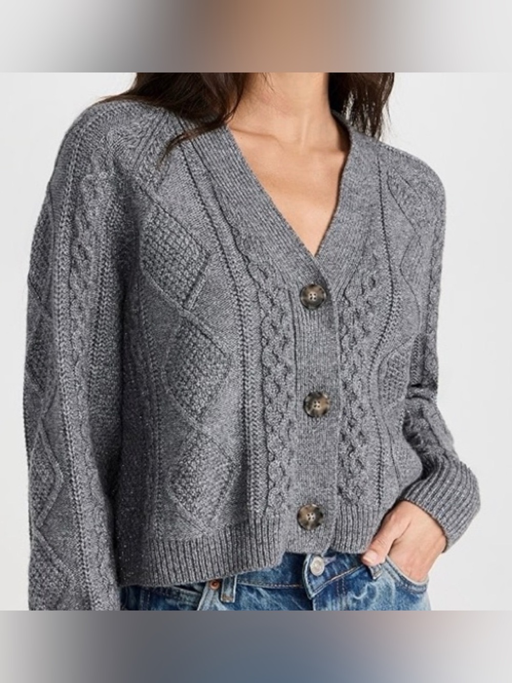 Madewell Shimmer Gray Cable Knit Cropped Cardigan Wool Blend  Size Medium